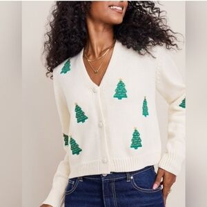 NWT Francesca's Cream Cardigan with Green Christmas Tree Design, Size XS